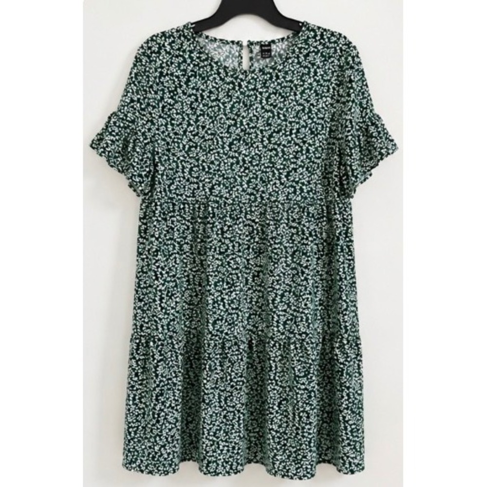 Shein Dark Green White Floral Ruffle Sleeve Tiered Babydoll Smock Dress Large